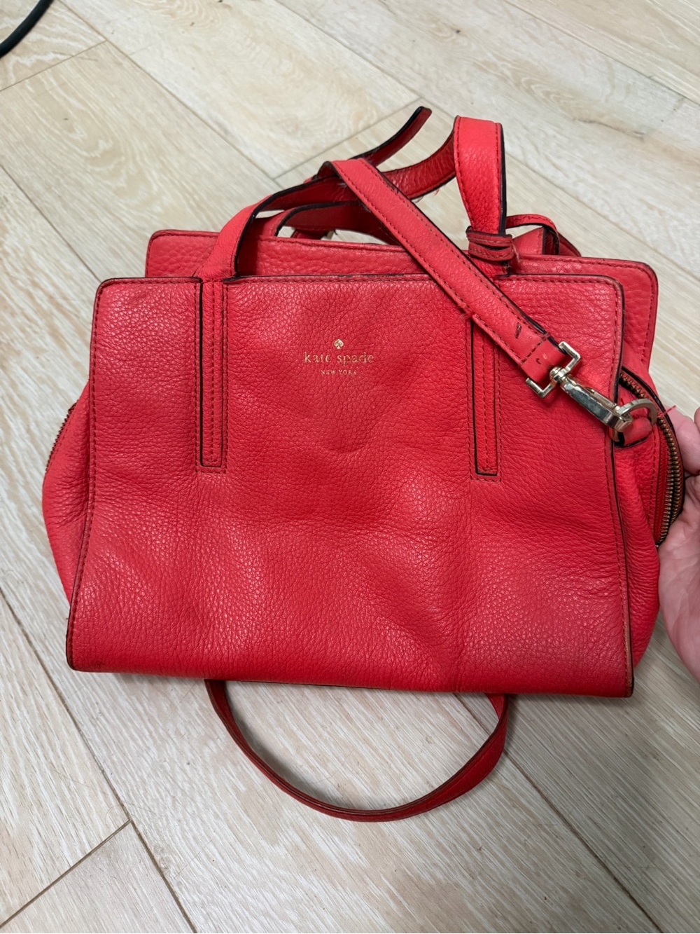 kate spade Red Leather Pebbled Satchel with Adjustable Strap